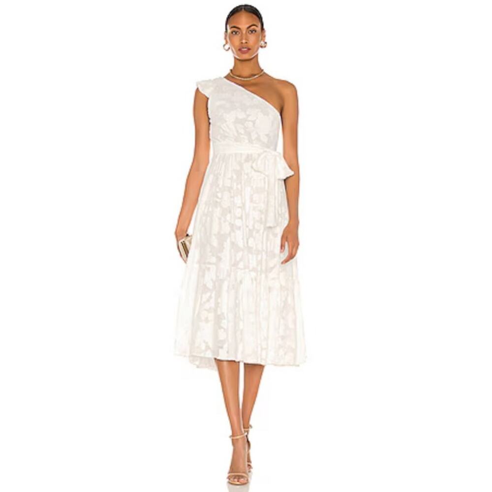Karina Grimaldi Sandrine Jacquard One Shoulder‎ Midi White Dress Size S